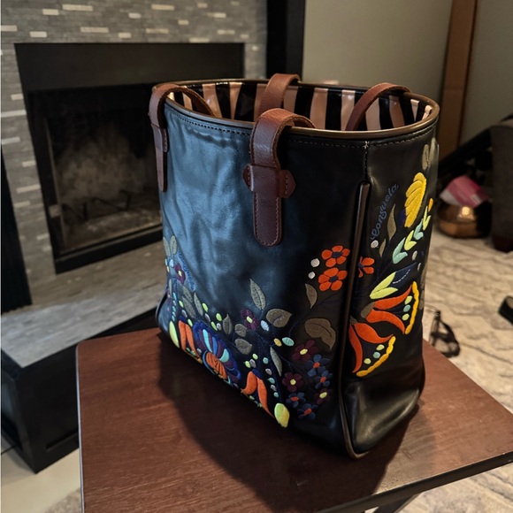 Consuela Navy Blue LEATHER RARE Classic Tote Beautiful Embroidery - Picture 3 of 15